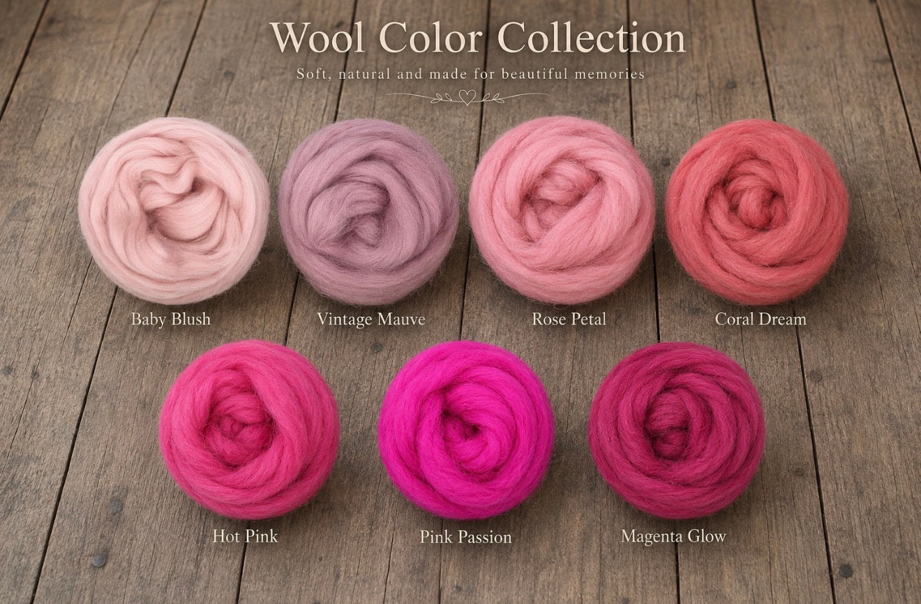 Seven rosettes of wool fiber in different colors are arranged on a rustic wooden surface under the heading 'Wool Color Collection.' The colors and names shown are Baby Blush, Vintage Mauve, Rose Petal, Coral Dream, Hot Pink, Pink Passion, and Magenta Glow.