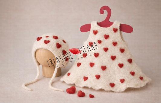 Valentine Felted Bonnet & Dress Set – Ivory Edition – Handmade Newborn Photography Props