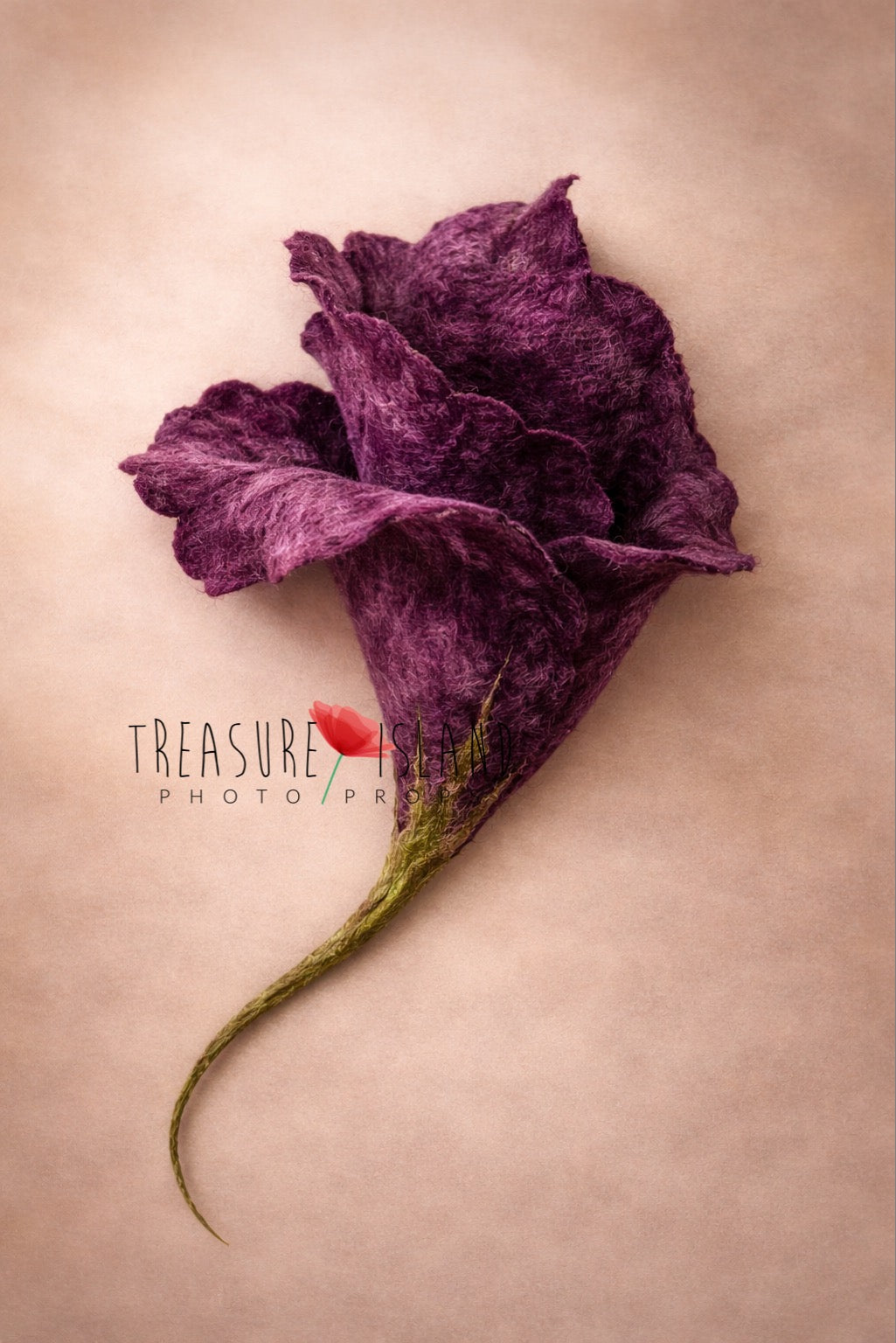 Hand felted newborn photography flower prop in deep plum tones with full green stem – unique artisan baby photo accessory
