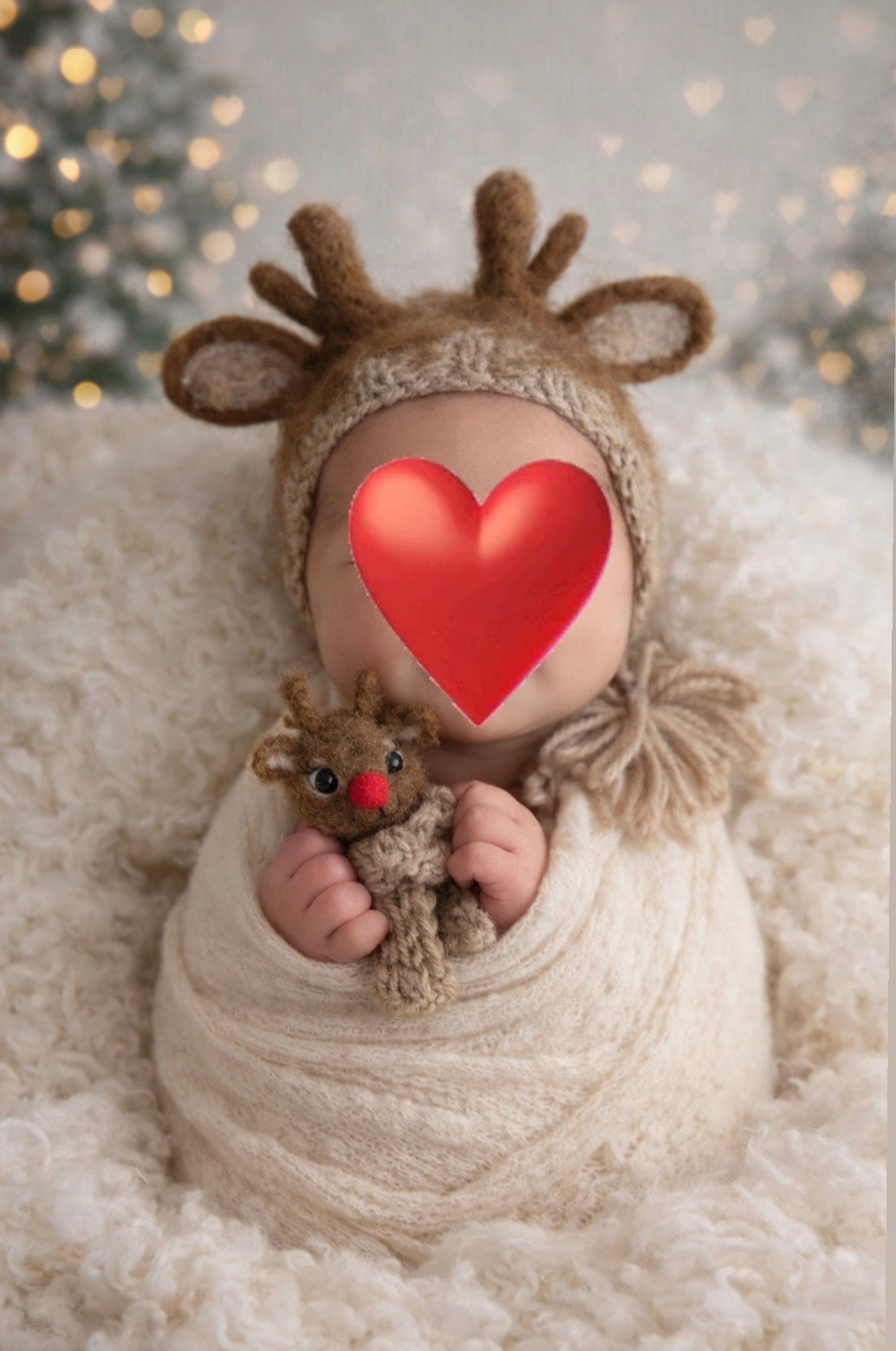 Handfelted luxury newborn reindeer set with bonnet and tiny reindeer toy, soft neutral tones, fine art newborn photography prop, winter styling
