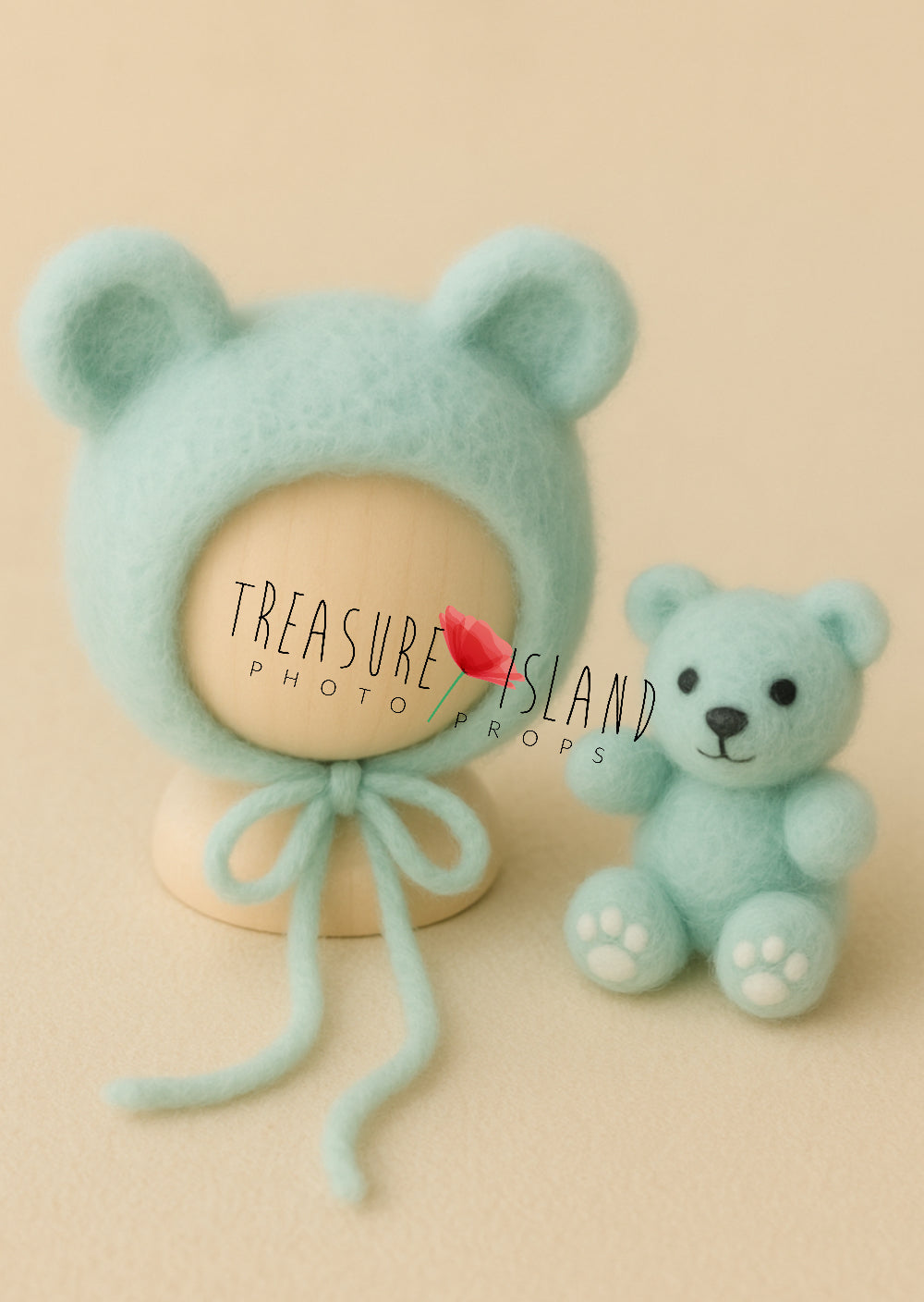 Handmade felt bear bonnet and mini teddy in pastel blue tones, baby photography prop for newborn and sitter