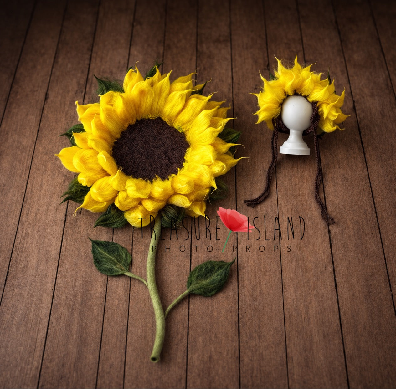 Handfelted sunflower newborn photography prop with matching bonnet on wooden floor, yellow wool petals and textured brown center by Treasure Island Photo Props