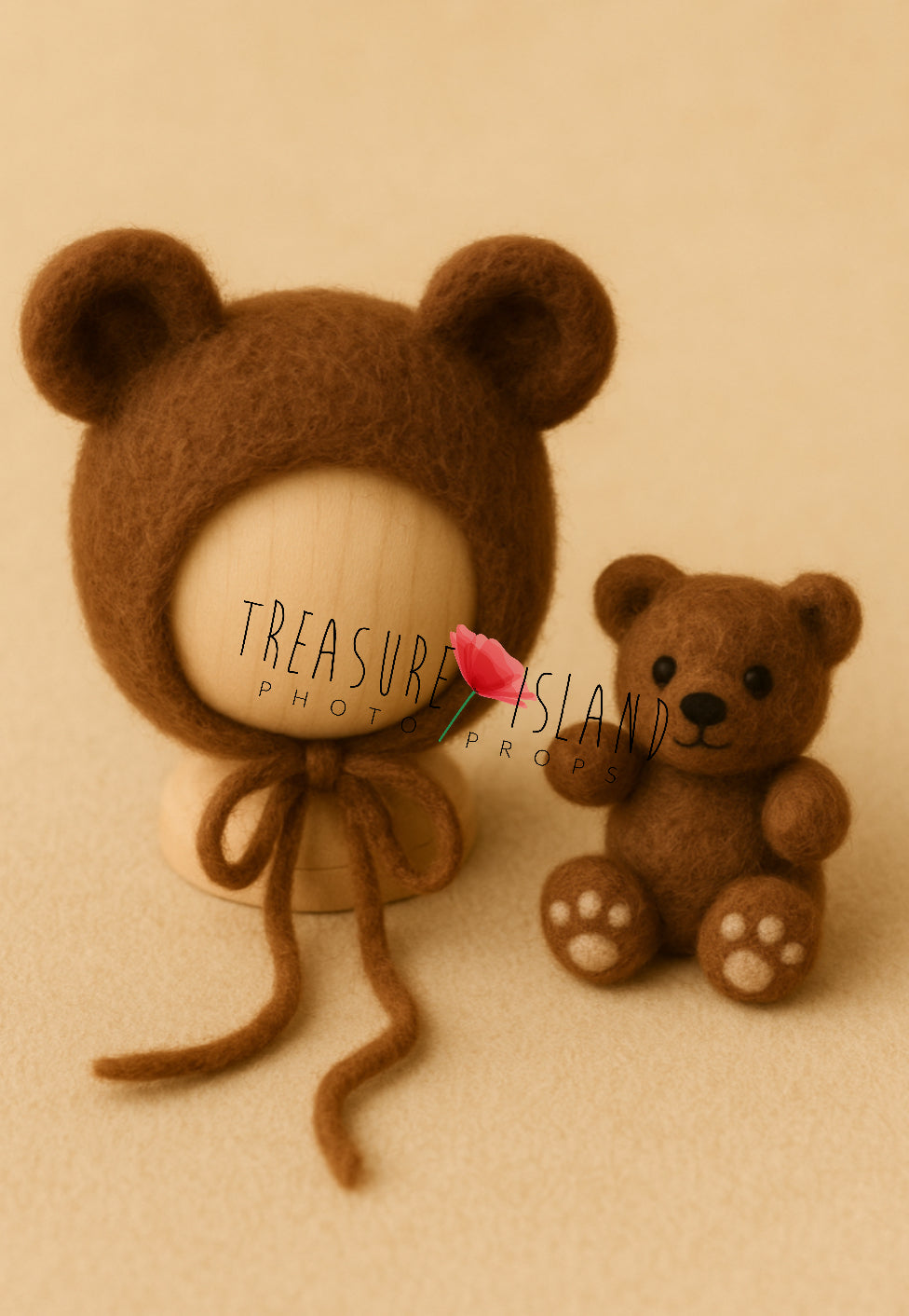 Felted milk chocolate Teddy  bear set with bonnet, newborn photography accessory