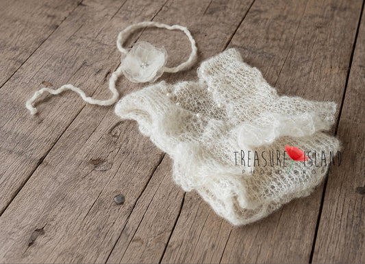 Knitted Pearl Ruffle Mohair Romper Set - Newborn Photo Props