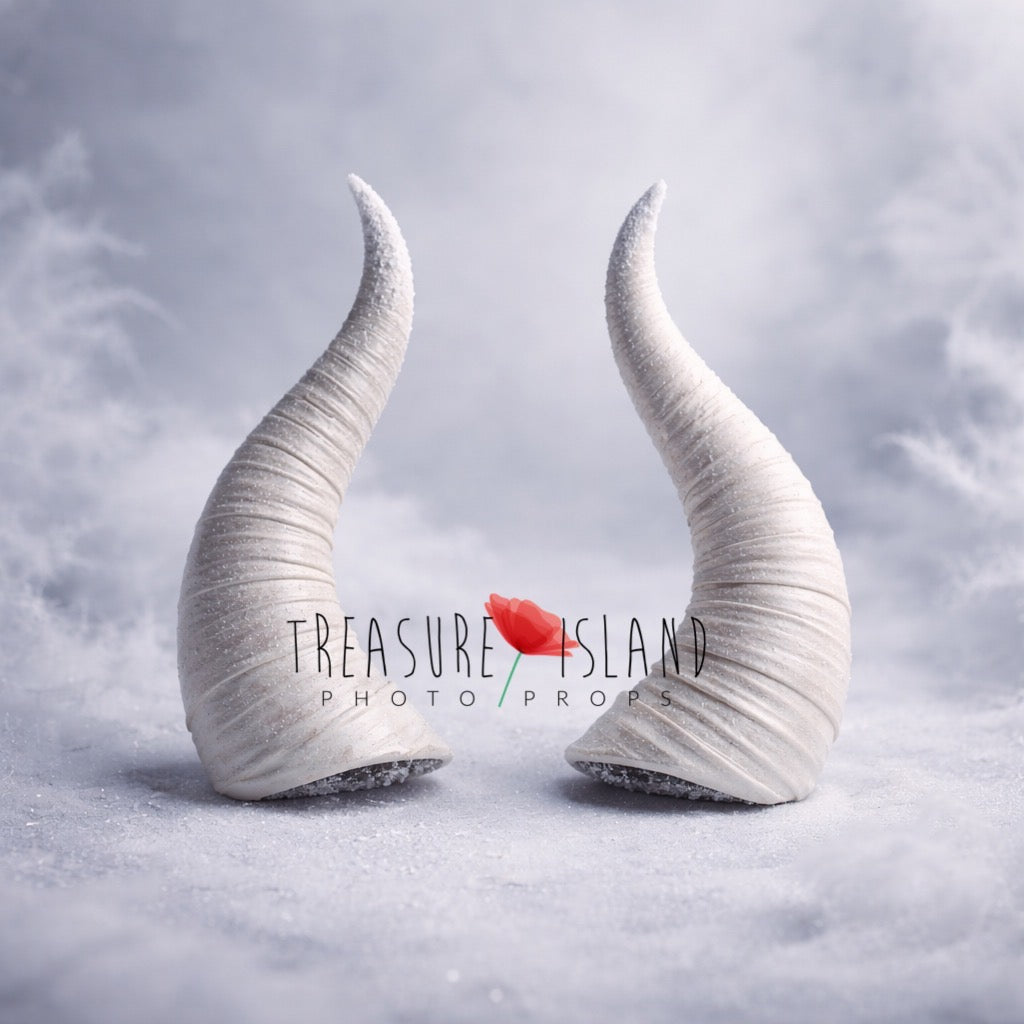 white gothic horns headpiece fine art photography prop, winter fantasy horns with snow effect, ethereal styling accessory for photography
