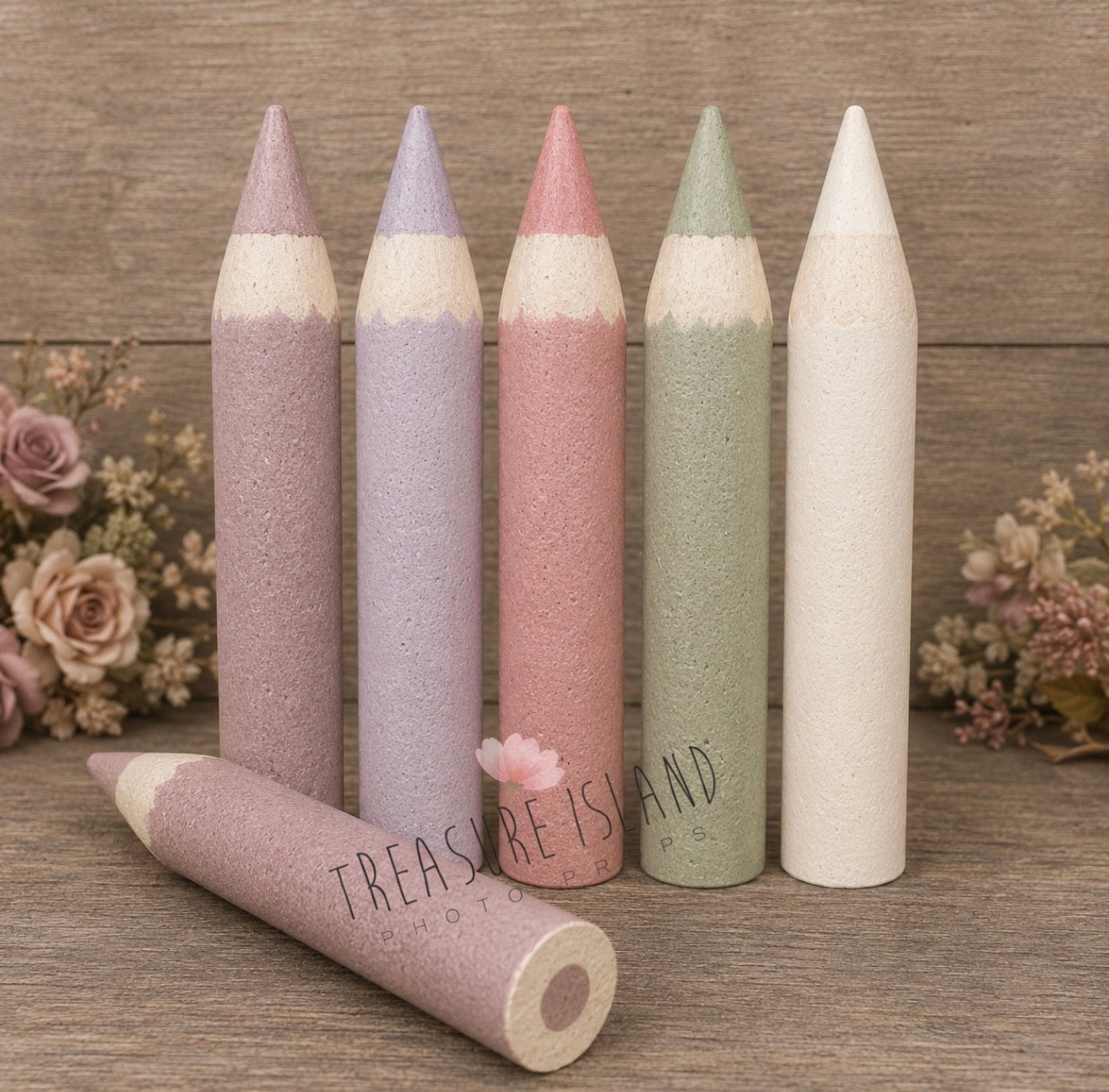 Chart of Vintage Garden Collection handmade styrofoam giant colored pencils in Vintage Mauve, Dusty Lavender, Antique Rose, Sage, Ivory. Back to School photo props for newborn, sitter and cake smash photography. Back to School photography props for newborn, sitter and cake smash sessions.