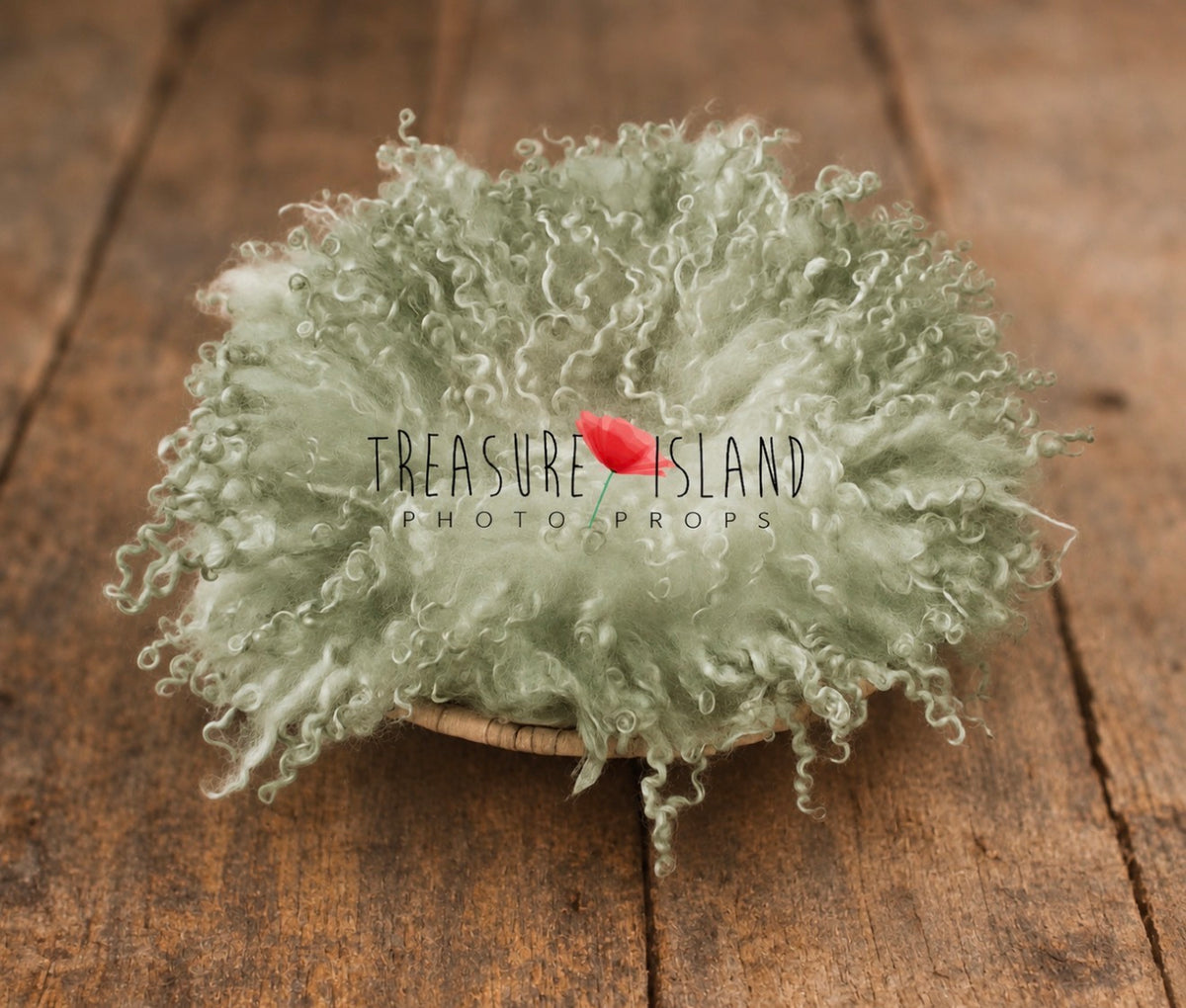 Sage hand felted curly wool blanket with natural sheep curls for newborn and sitter photography On wooden backdrop 