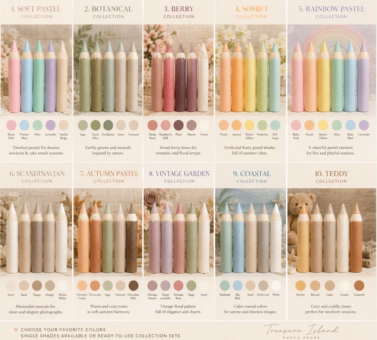 Color collection chart of handmade styrofoam colored pencils photography props featuring Soft Pastel, Botanical, Berry, Sorbet, Rainbow Pastel, Scandinavian, Autumn Pastel, Vintage Garden, Coastal and Teddy color palettes for newborn, cake smash and back to school photography.