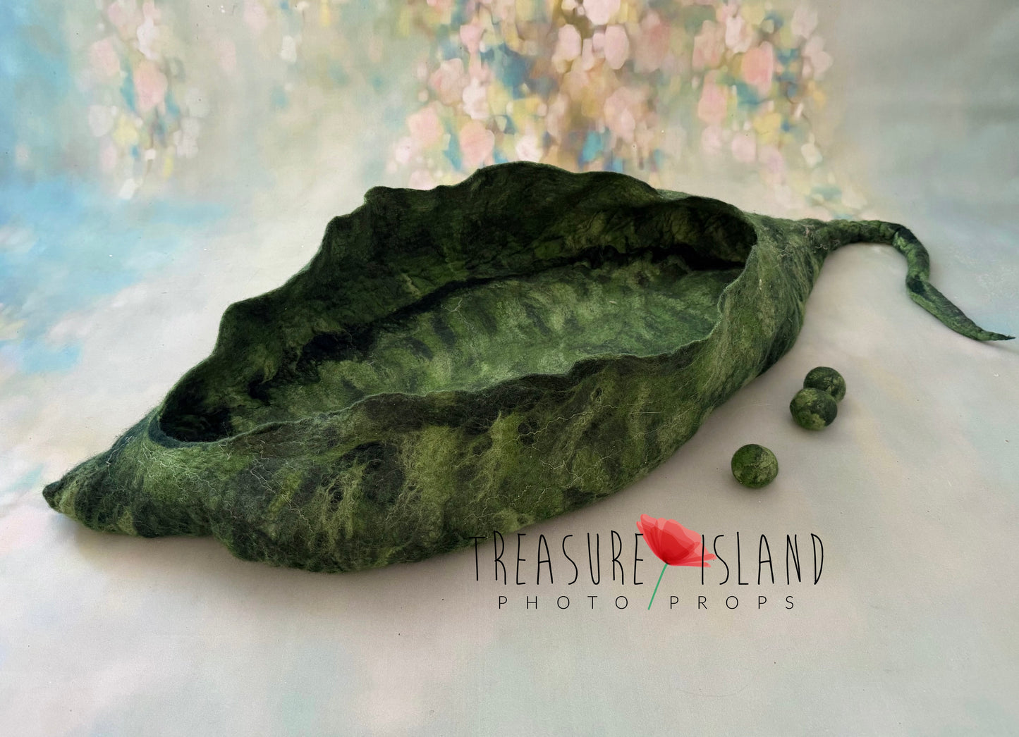 Emerald Whisper – Felted Pea Pod Nest - Unique Photo Props