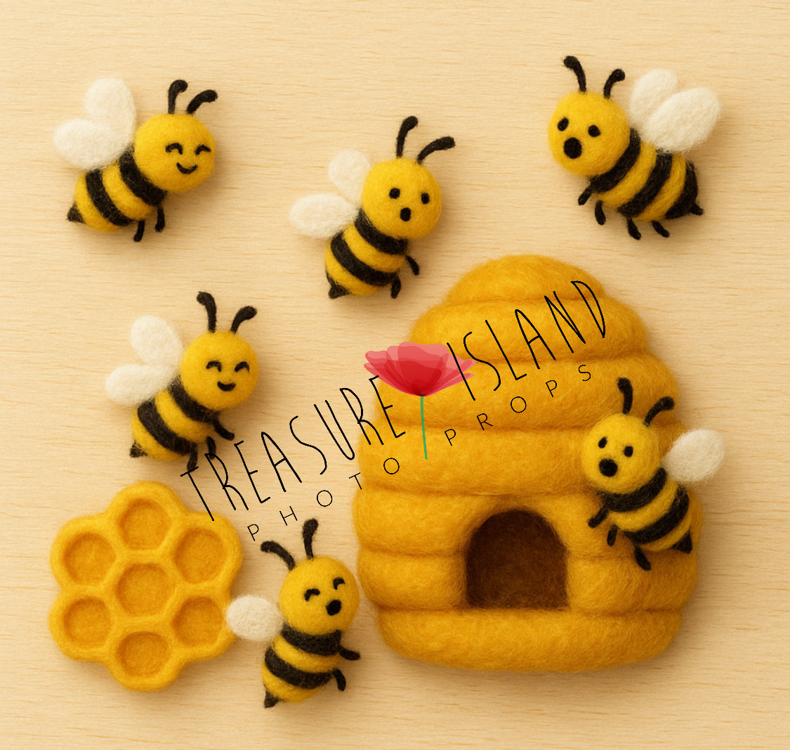 Bee Set - Felted Bees, Honeycomb & Beehive - Photo Props - Bee Collection