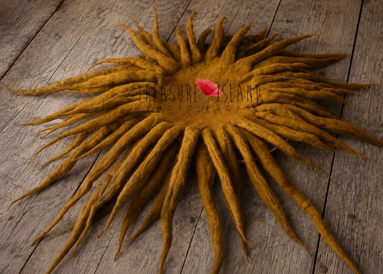 A golden-brown sunburst-shaped hairpiece or decorative piece with long radiating fibers, placed on a rustic wooden surface. A small pink flower sits in the center, and a faint 'Treasure Island Photography' watermark overlays the middle.