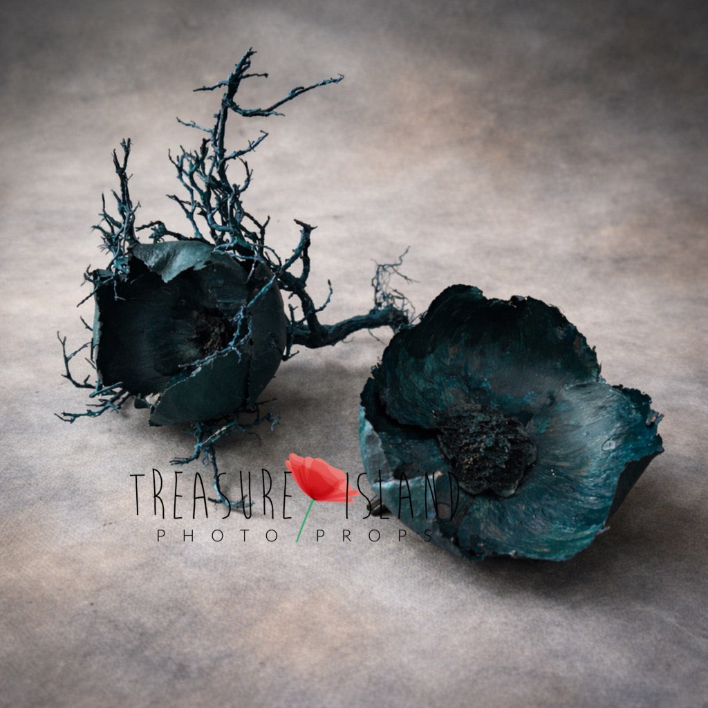 Hand painted exotic teal flower props, fine art background, luxury newborn photography props, organic handmade texture

