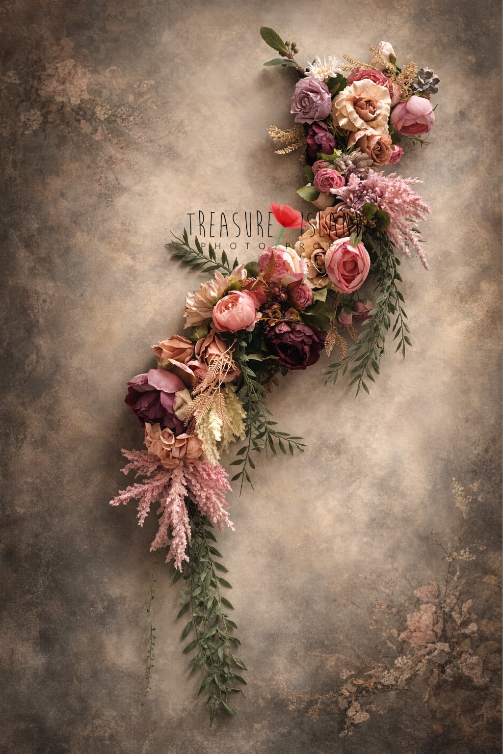 Vintage fine art asymmetrical floral garland in dusty pink and burgundy – newborn photography prop