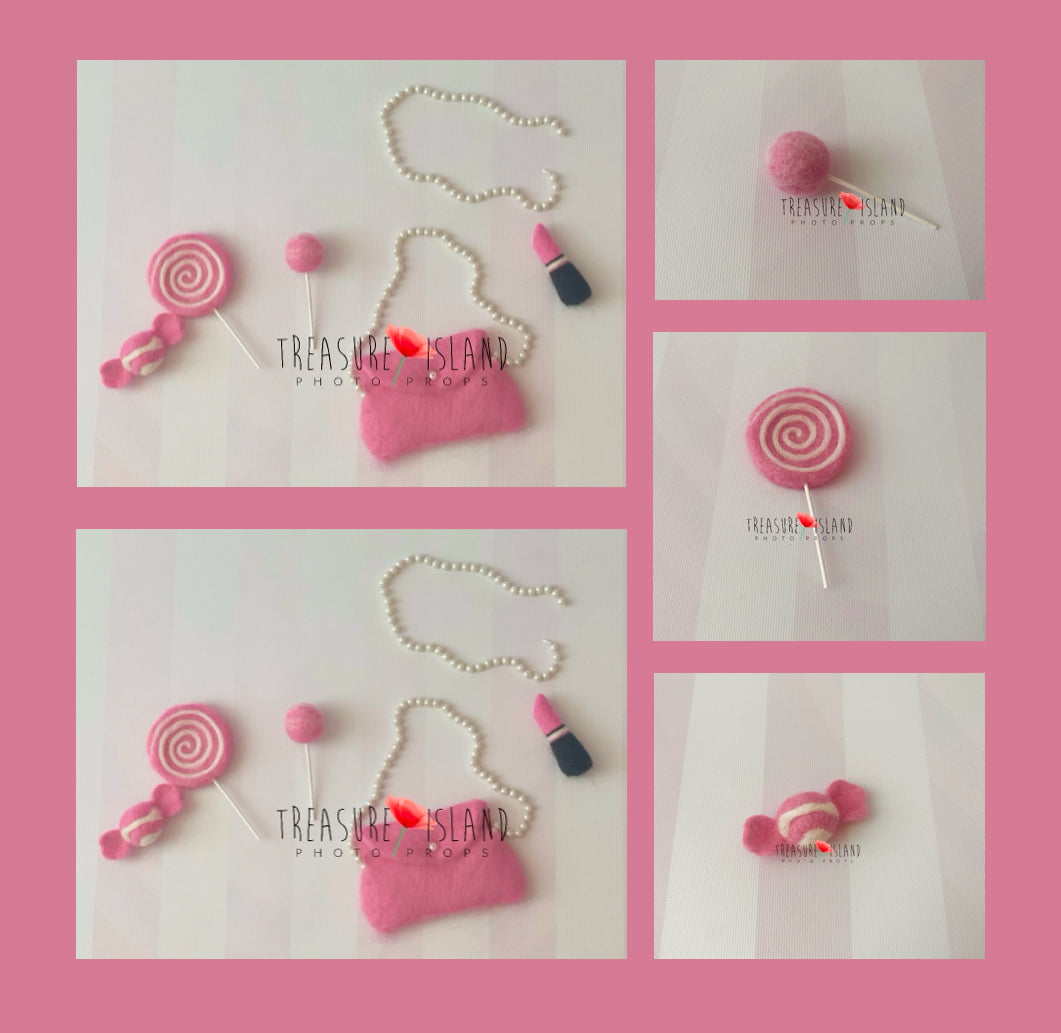 PRINCESS  SET - Needle Doll Accessories – Lipstick, Pearls, Candy & Lollipops - Handmade Baby Props