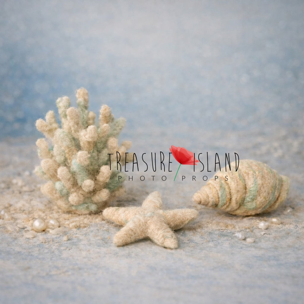 Hand felted coral, starfish and seashell set in beige and mint  tones, fine art newborn ocean photography prop