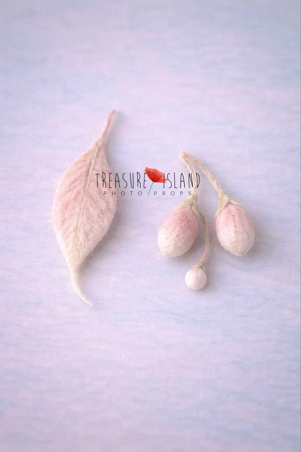 Hand felted newborn photo prop set featuring blush and cream felted leaf, floral buds and tiny dew drops
