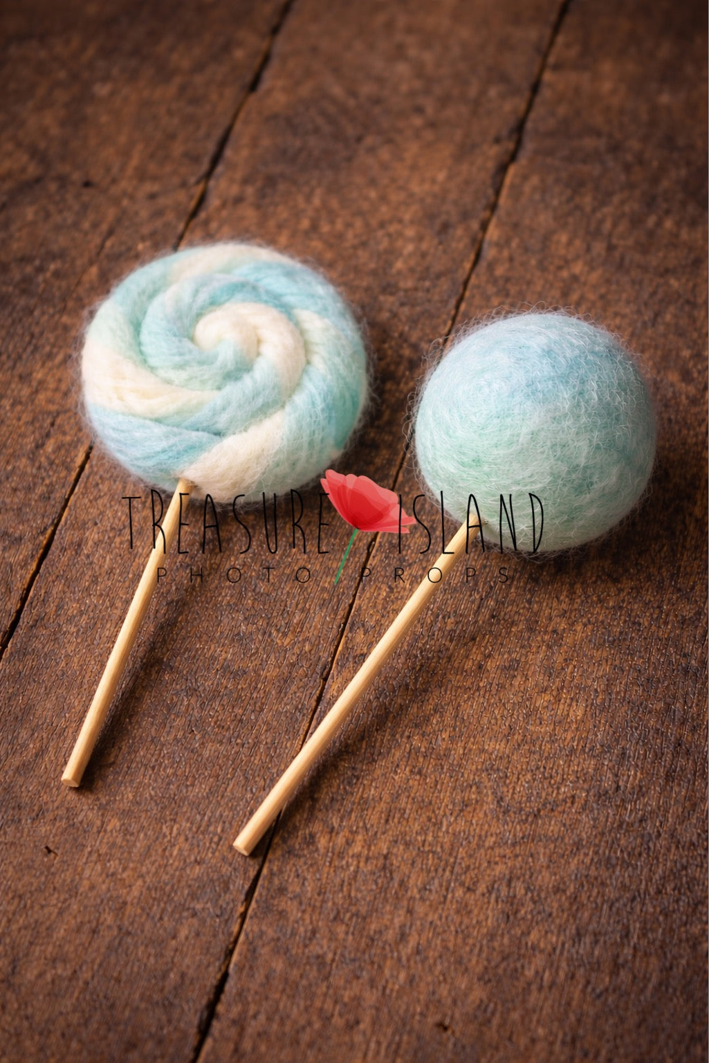 Hand-felted newborn nest props in blue and mint tones, flat swirl and spherical lollipop designs for newborn sessions 
