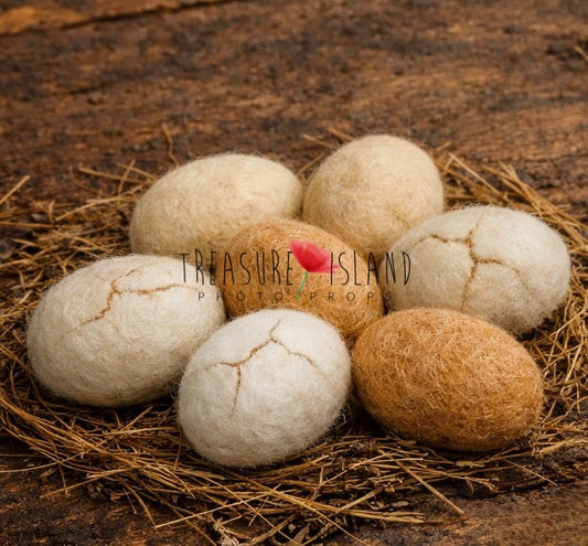 Pastel felted Easter eggs arranged on natural straw nests on rustic wooden floor – newborn photography props