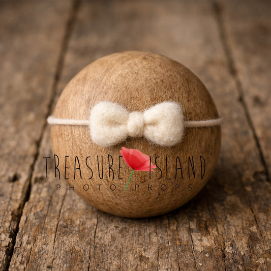 Hand-felted cream bow headband on wool string, newborn photography prop