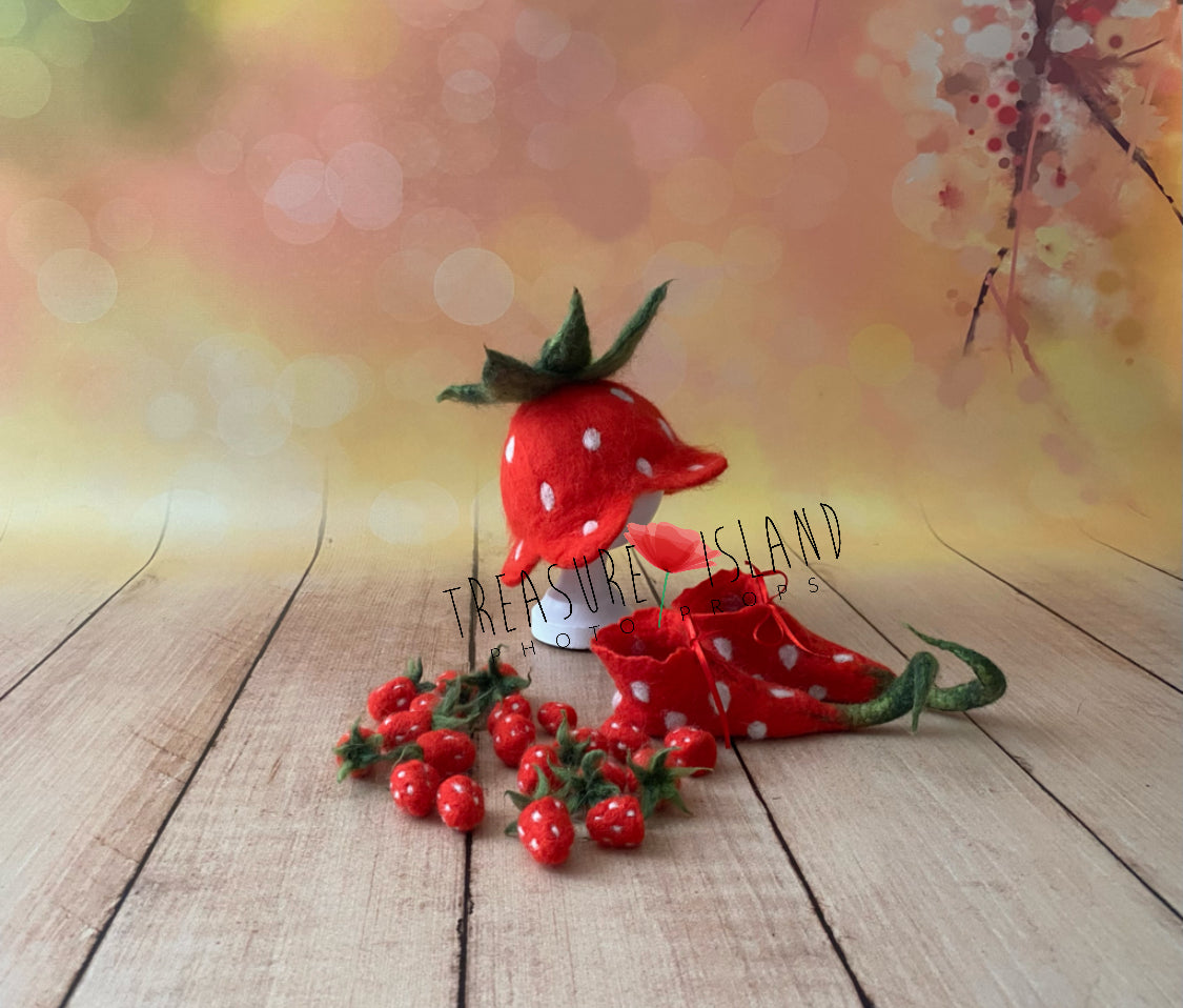 STRAWBERRY SET - dress, pants, shoes, hat  + 20 little strawberries