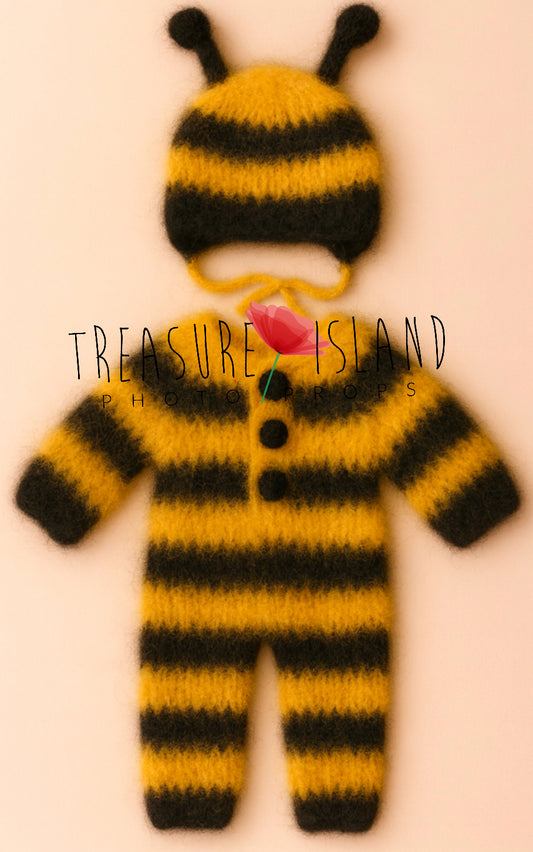 Knitted Bee Set (Romper & Hat) – Bee Collection - Bee outfit