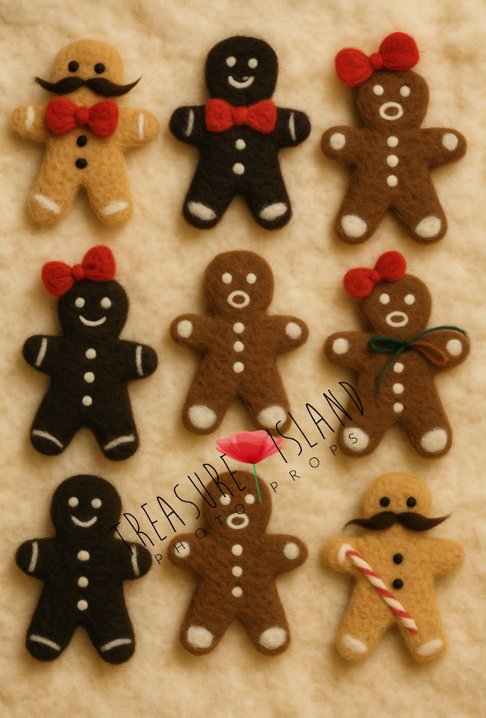 Set of gingerbread men figures with various accessories on a textured beige background.