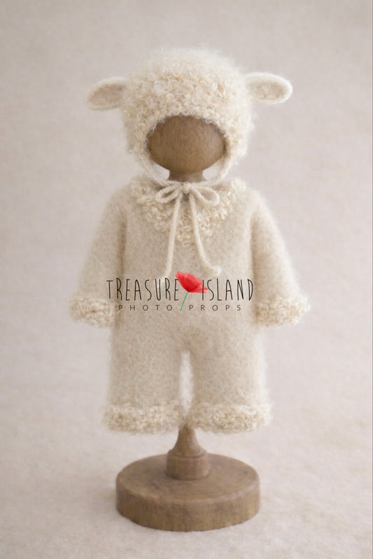 Curly lamb newborn photography outfit with hand-knitted wool romper and matching bonnet