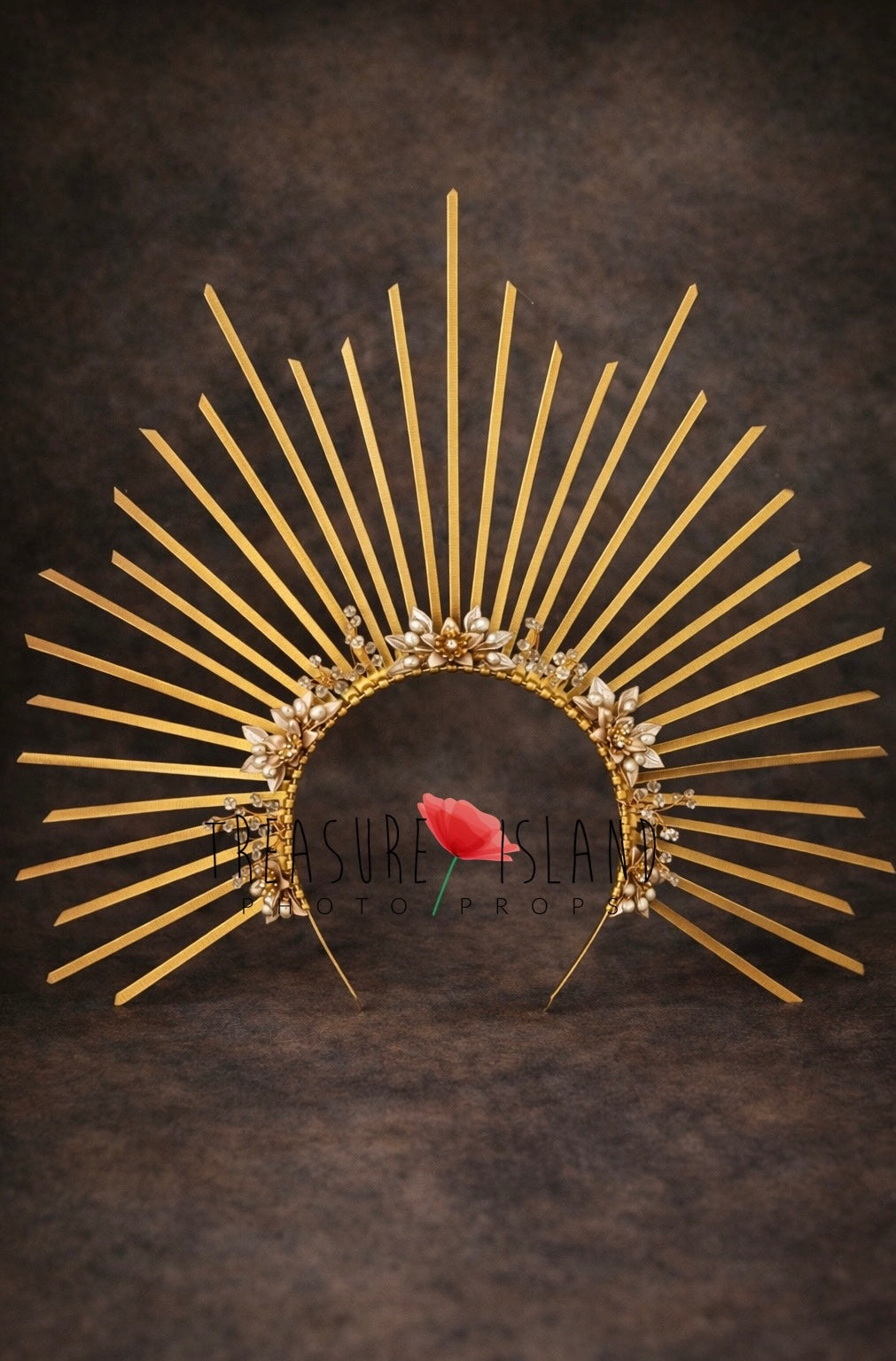 Golden halo crown newborn photography prop on dark fine art background, sunburst design with pearls, luxury styling