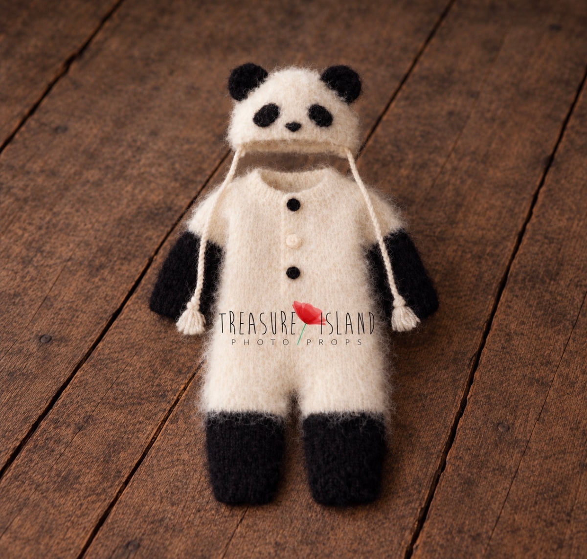 Knitted Panda Romper & Bonnet Set - Newborn & Sitter Photography Prop