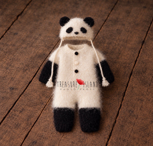 Knitted Panda Romper & Bonnet Set - Newborn & Sitter Photography Prop
