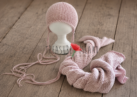 Luxury handmade newborn bonnet and wrap set knitted from a premium wool and bamboo blend in soft blush pink, designed for newborn photography