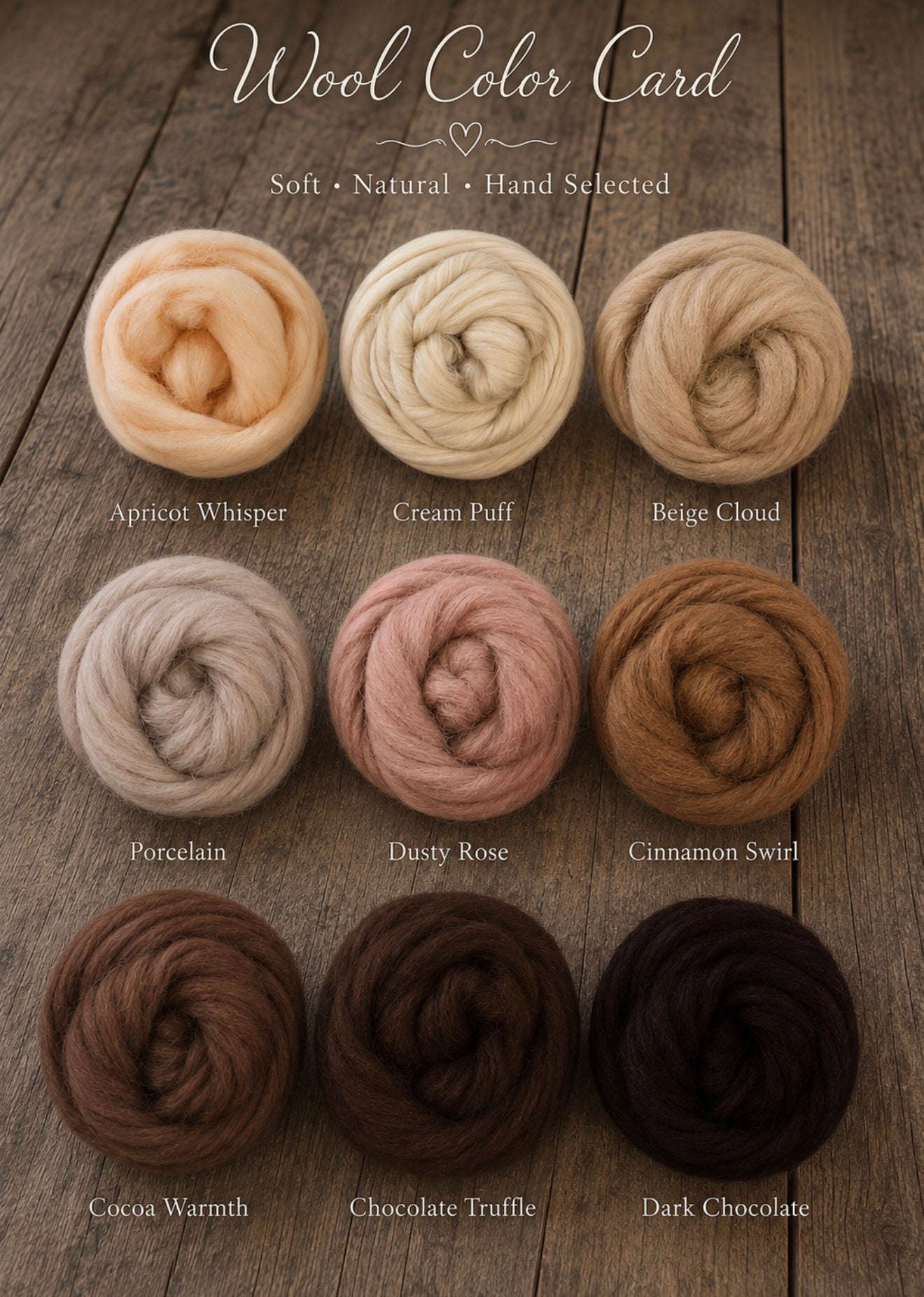 A wool color card displaying nine swirled samples of soft wool in different colors, labeled Apricot Whisper, Cream Puff, Beige Cloud, Porcelain, Dusty Rose, Cinnamon Swirl, Cocoa Warmth, Chocolate Truffle, and Dark Chocolate, arranged on a rustic wooden background under the heading 'Wool Color Card'.