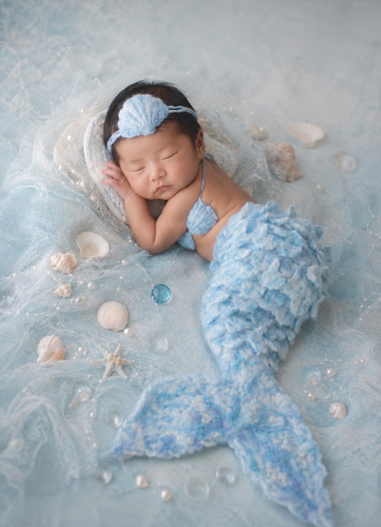Luxury Mermaid Set – Handmade Felted Tail, Shell Top & Headband | Newborn & Sitter Photography Props