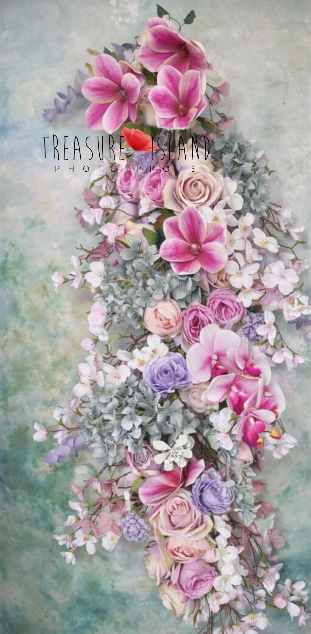Vertical cascading floral backdrop in soft pastel tones with pink magnolias, roses, hydrangeas and delicate blossom branches – newborn, maternity and sitter photography prop
