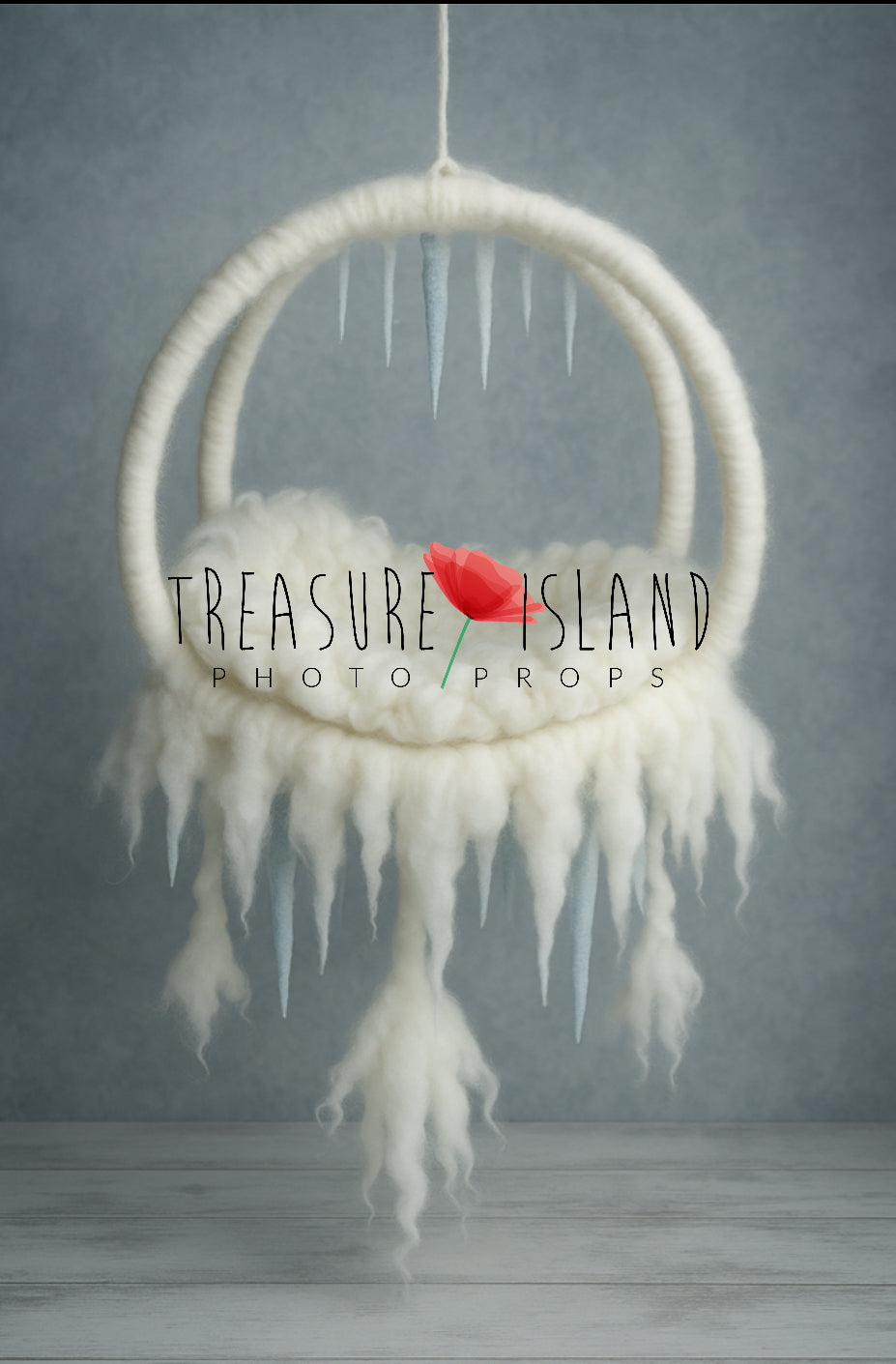 Deluxe felted wool ICE LAND dream catcher newborn photography prop with chunky woven wool blanket