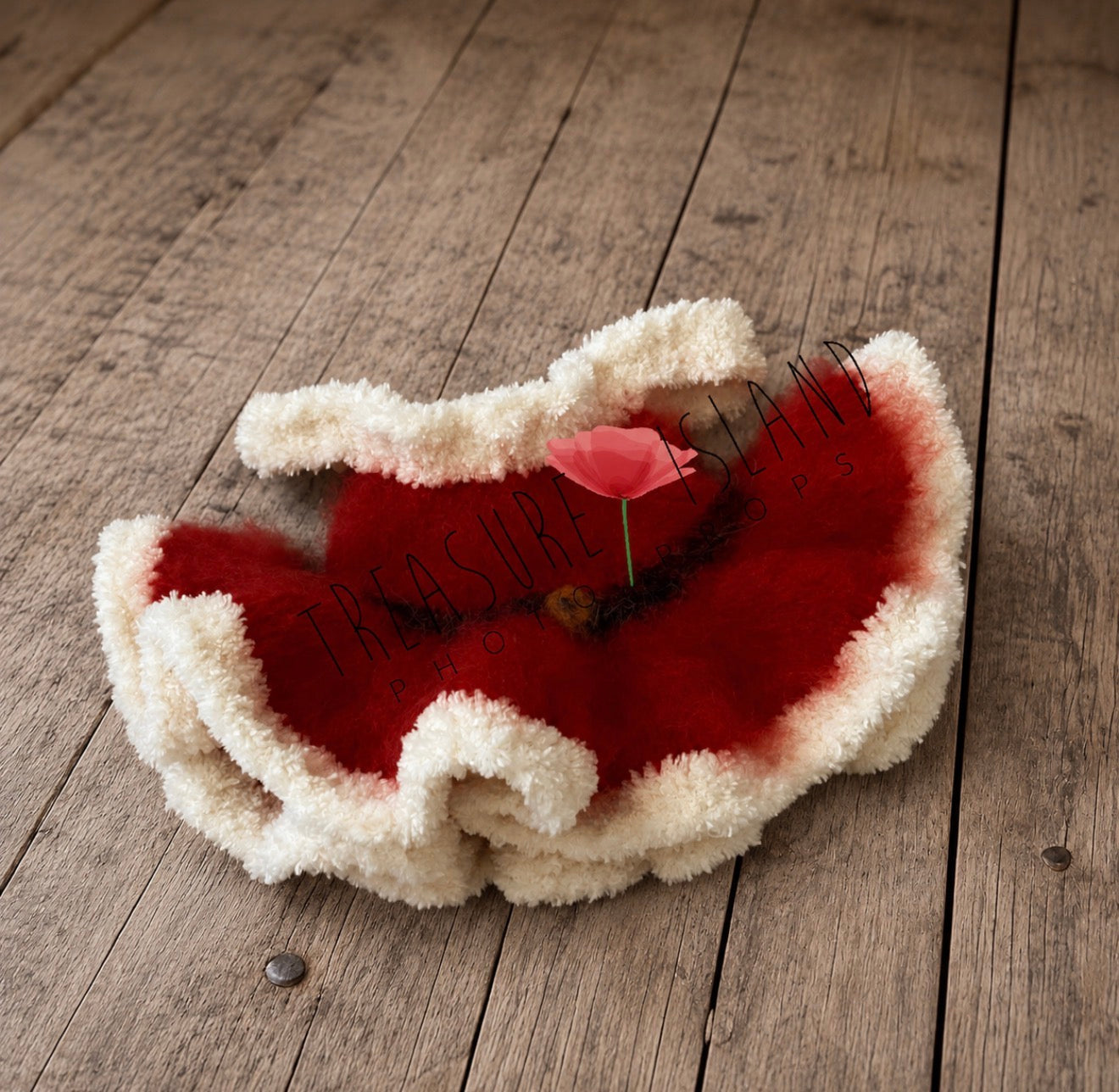 A red faux fur skirt with cream faux fur trim, styled on a rustic wooden plank floor with a small red flower in the center. A watermark reading 'Treasure Island Hops' is visible across the image.