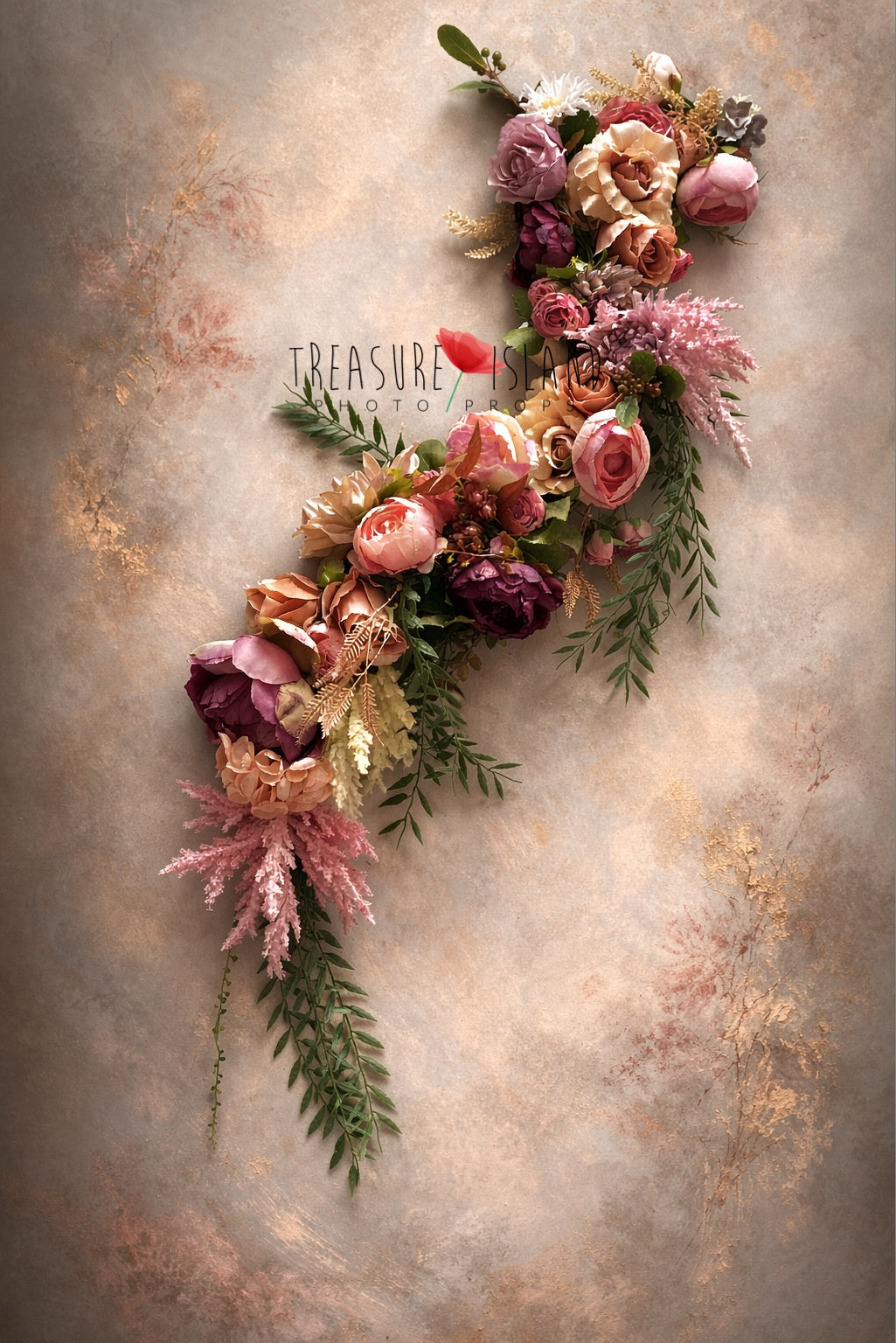 Vintage fine art floral garland in blush, mauve and dusty rose tones with cascading greenery – asymmetrical newborn and maternity photography prop
