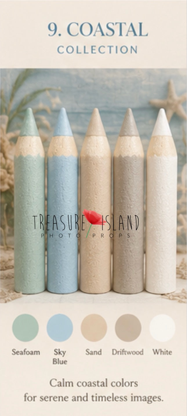 Chart of Coastal Garden Collection handmade styrofoam giant colored pencils in Seafoam, Sky Blue, Sand, Driftwood, White. Back to School photo props for newborn, sitter and cake smash photography. Back to School photography props for newborn, sitter and cake smash sessions.