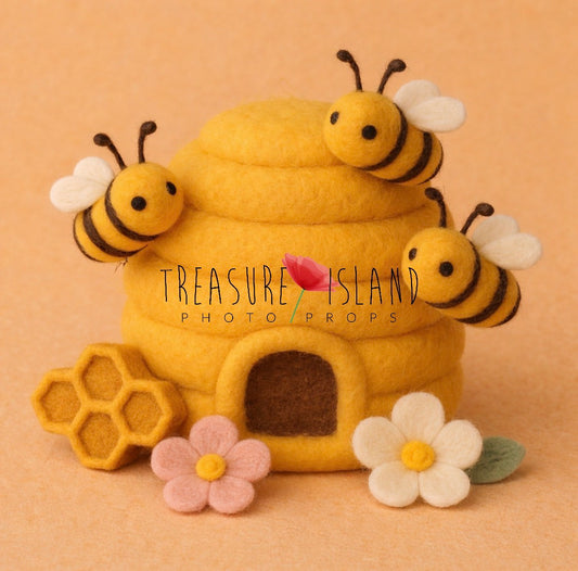 Handmade Felt Beehive Set with Bees, Honeycomb and Flowers – Photography Prop