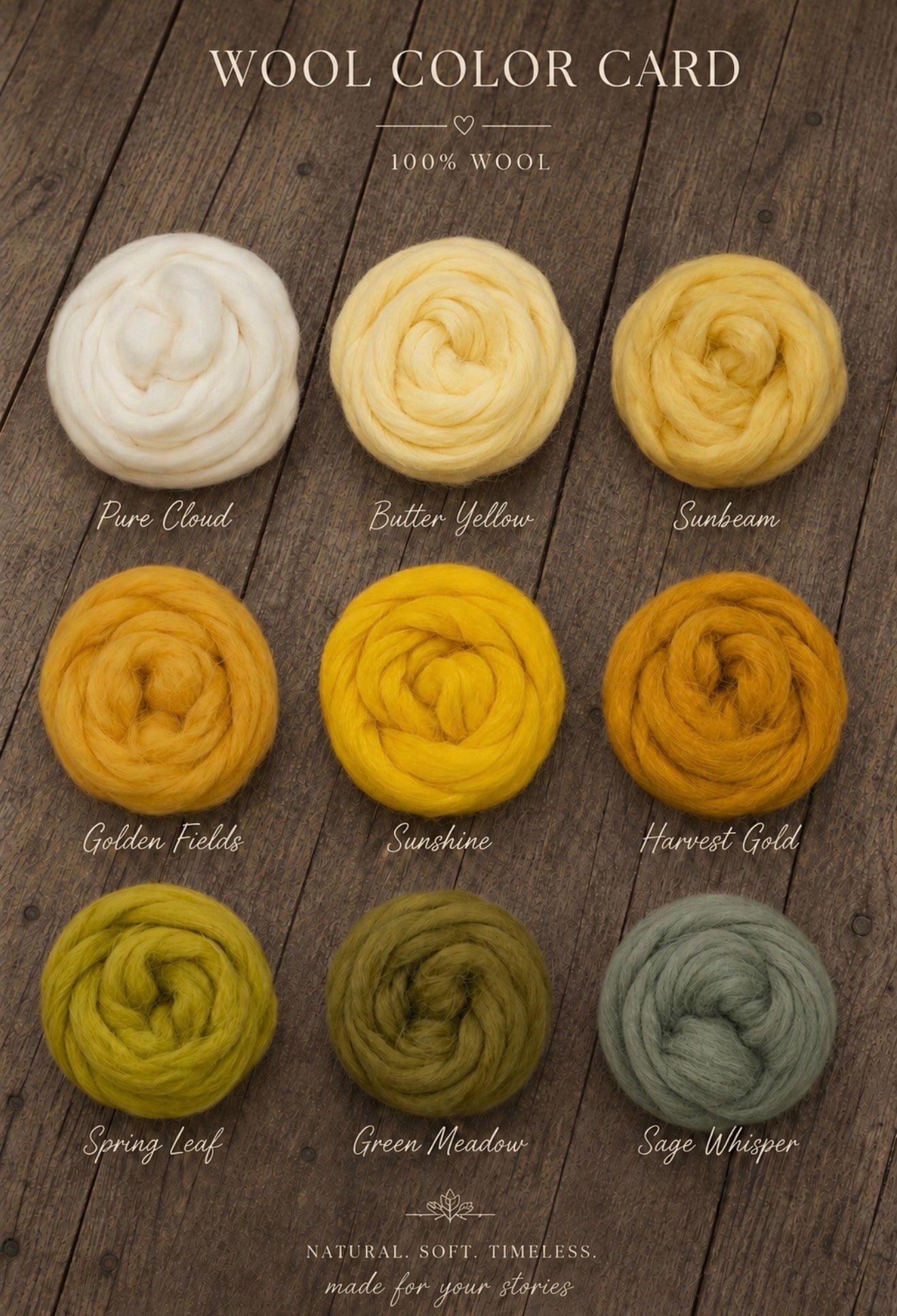 A wool color card displaying nine different wool colors arranged in a grid on a dark wood background. The colors include various shades of cream, yellow, orange, olive green, and sage green, each labeled with its name (e.