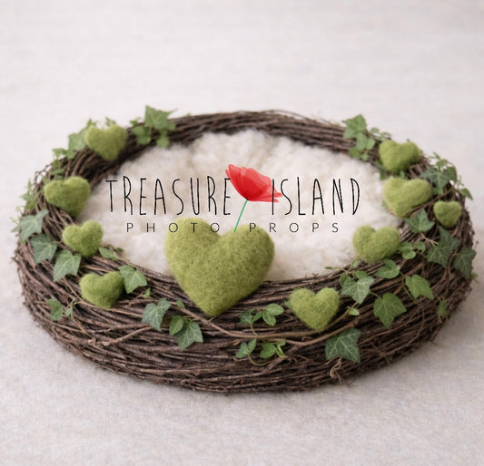 Romantic Valentine Nest – Ivy & Green Hearts Edition | Handmade Newborn Photography Prop