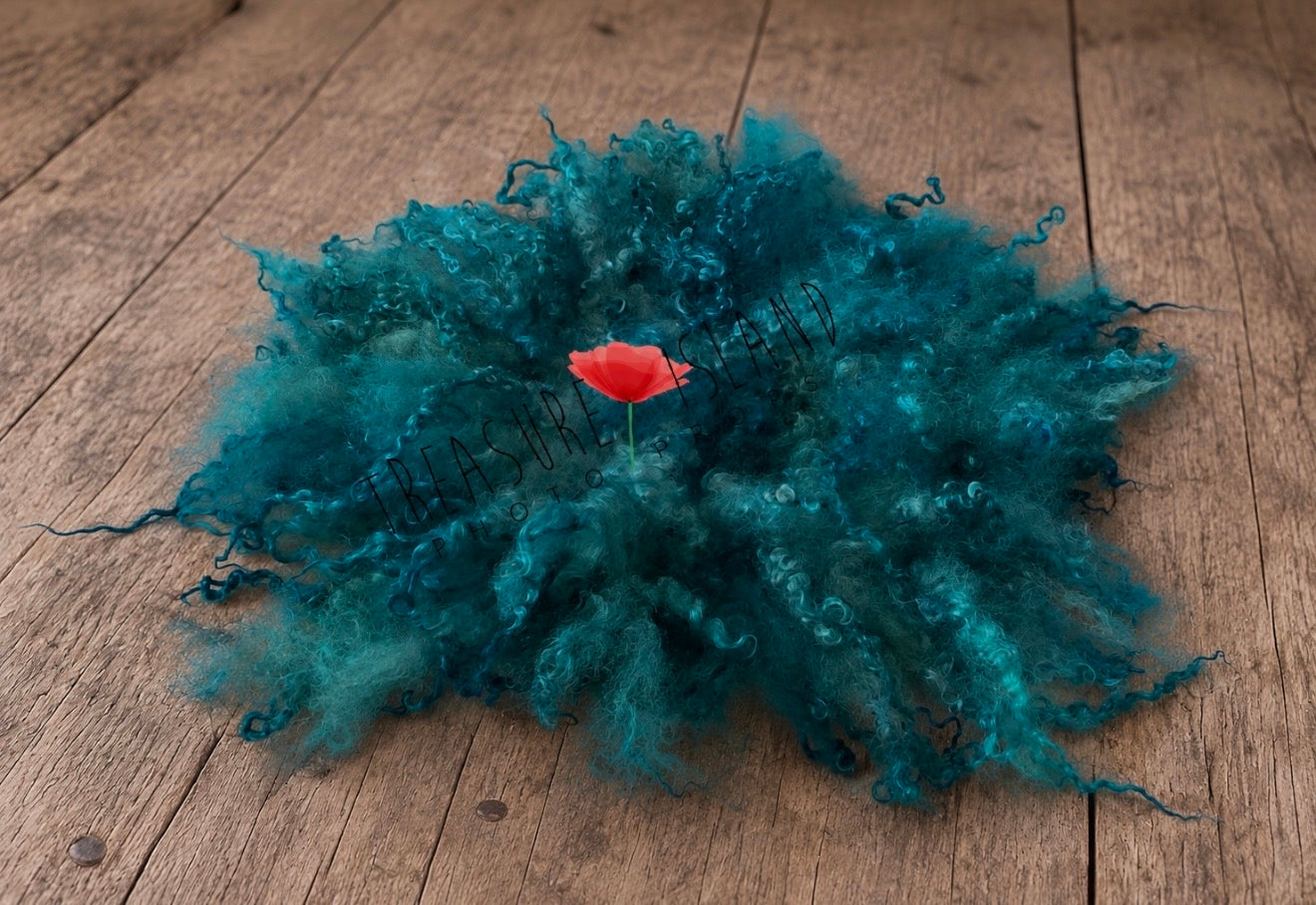 Petrol blue green hand felted curly wool blanket with natural sheep curls for newborn and sitter photography