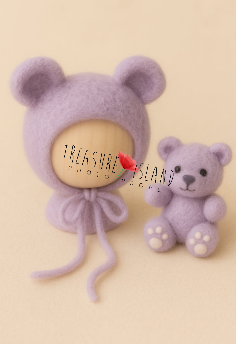 Felted lilac teddy bear set with bonnet, newborn photography accessory

