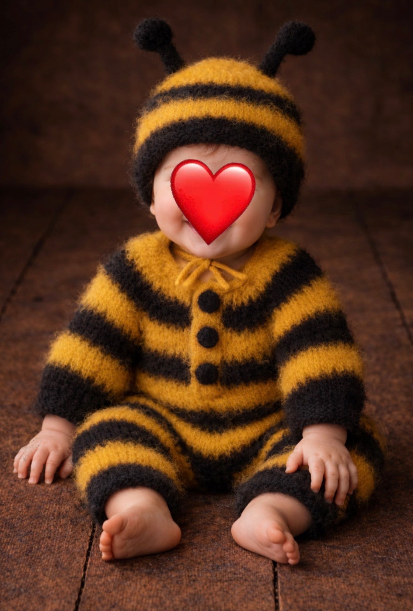 Handmade fuzzy wool baby bee outfit for sitter photoshoot, yellow and black striped knit romper with bonnet and antennae, soft natural texture, newborn and sitter photography prop, wooden rustic background