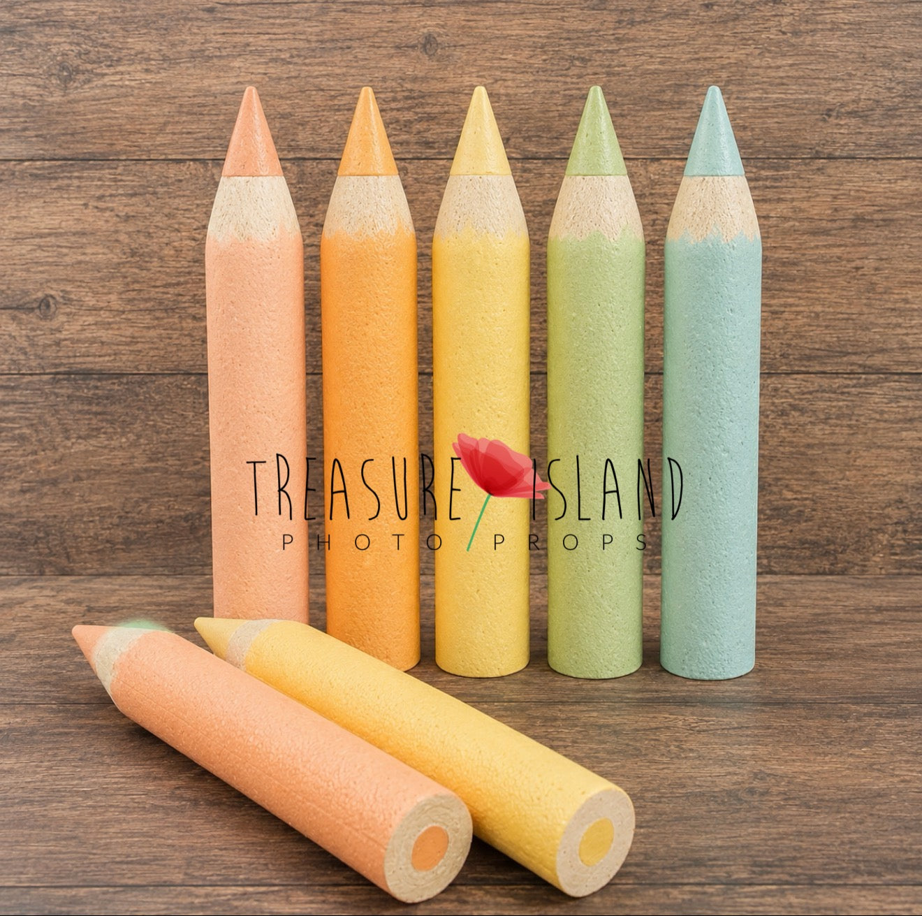 5 of Sorbet Collection handmade styrofoam giant colored pencils in Peach, Apricot, Butter Yellow, Pistachio, Soft Aqua. Back to School photo props for newborn, sitter and cake smash photography. Back to School photography props for newborn, sitter and cake smash sessions.