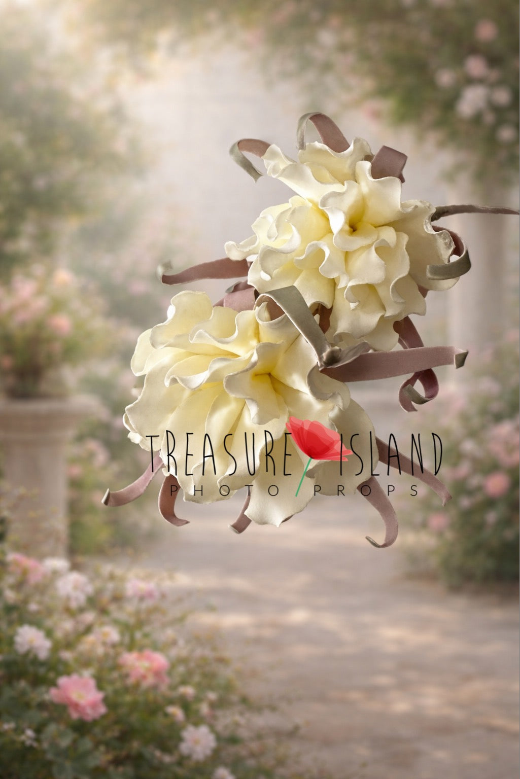 Handmade giant cream foam flower with ruffled petals – oversized floral photography prop for newborn and fine art sessions.