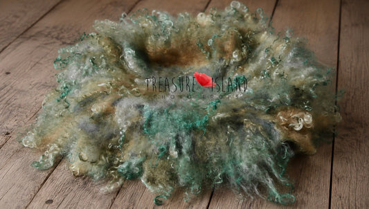 Forest Sage hand felted curly wool blanket with natural sheep curls for newborn photography