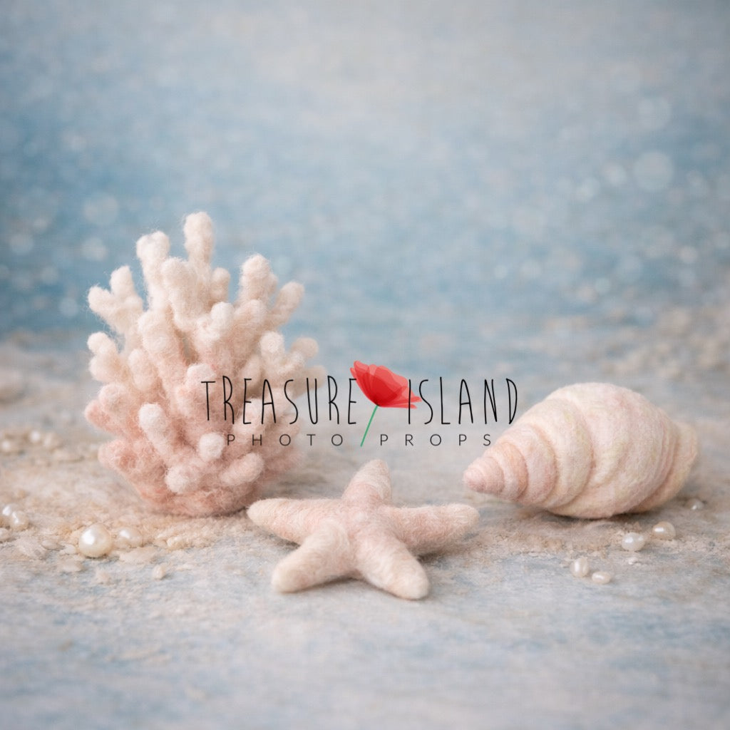 Hand felted coral, starfish and seashell set in soft blush and ivory tones, fine art newborn ocean photography prop