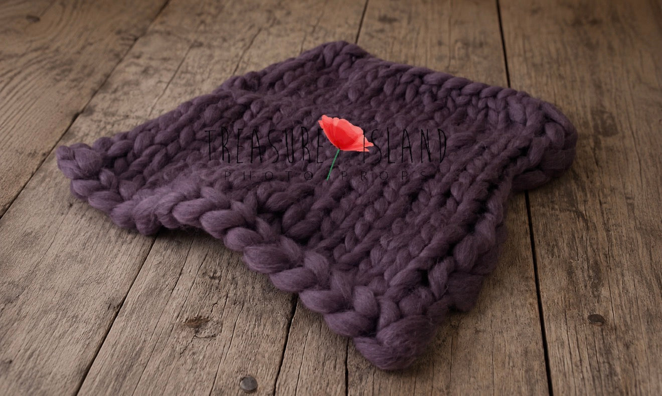 Purple chunky knit wool blanket for newborn and sitter photography, handmade baby photo prop by Treasure Island Photo Props