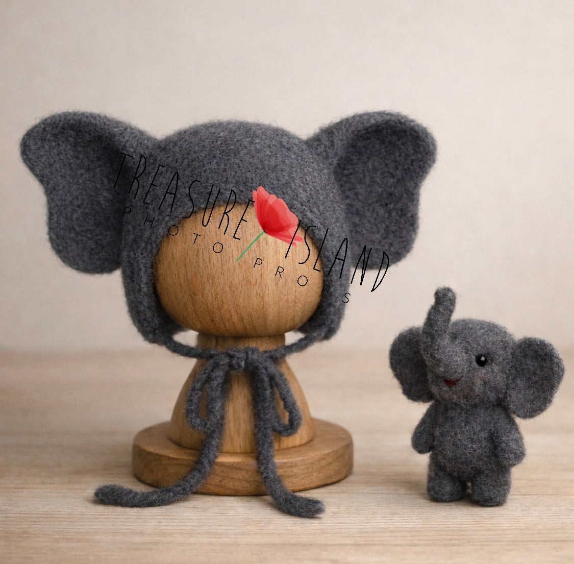 Handmade felted elephant set in grafhite tone for newborn and sitter Safari photography sessions